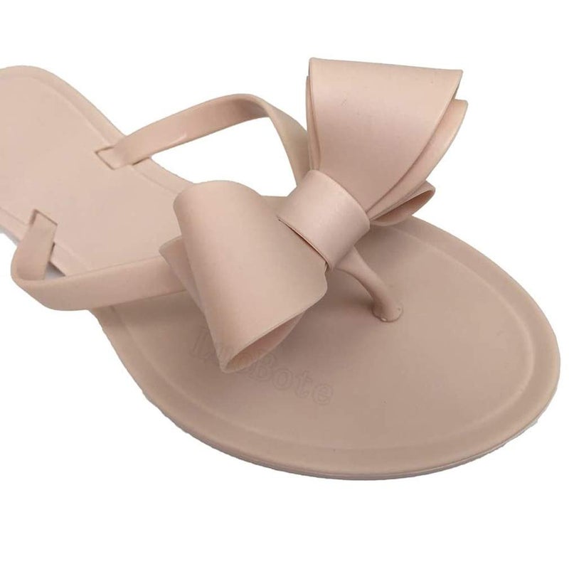 Mtzyoa Women Flip-Flops Bow Sandals Nude Size 9 Beach Dressy Summer Wedding Flat Rivets Rain Jelly Sandals PVC - Image 4
